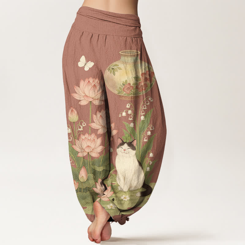 Buddha Stones Harembroek voor dames met elastische Taille en lotus- en kattenprint van 100% Cotton - image 9