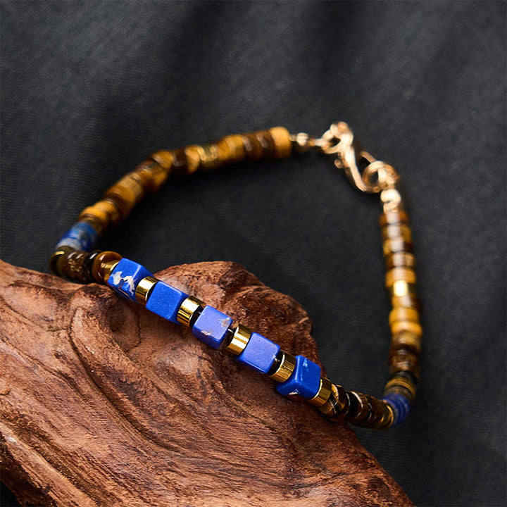 Buddha Stones Armband met vierkante kralen van lapis lazuli en tijgeroog. - image 3