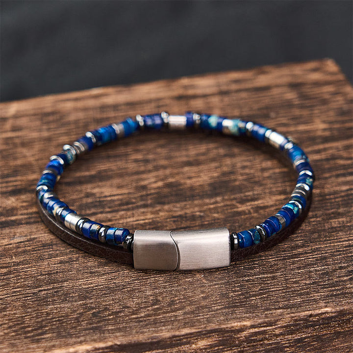 Buddha Stones Lapis Lazuli Truth Dubbelgewikkelde Leren Armband - image 3