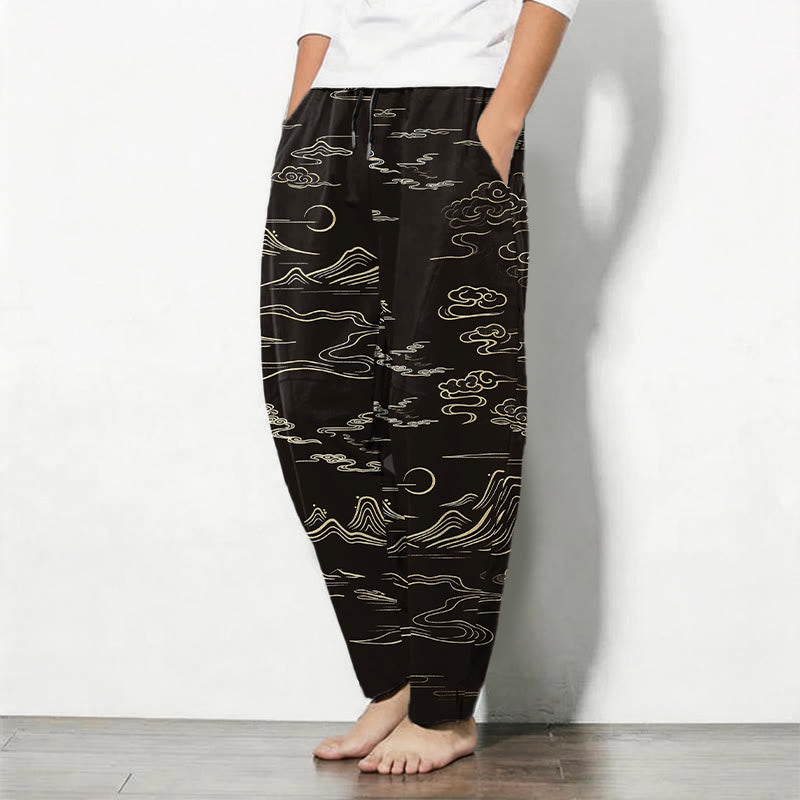 Buddha Stones Herenbroek van 100% Cotton met wolken-, berg- en golfpatroon, trekkoord en taps toelopende pijpen, inclusief Zakken. - image 1
