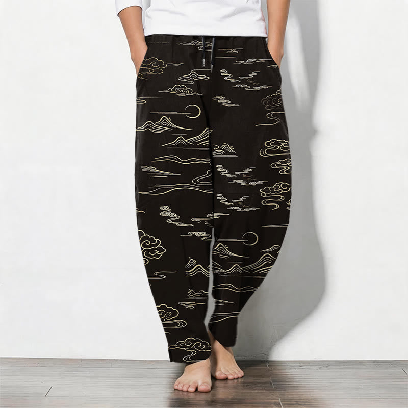 Buddha Stones Herenbroek van 100% Cotton met wolken-, berg- en golfpatroon, trekkoord en taps toelopende pijpen, inclusief Zakken. - Zwart - US/UK/AU50, EU60 (5XL) - image 0