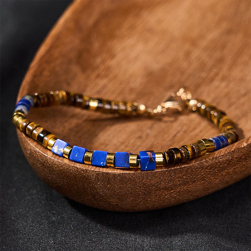 Buddha Stones Armband met vierkante kralen van lapis lazuli en tijgeroog. - image 2