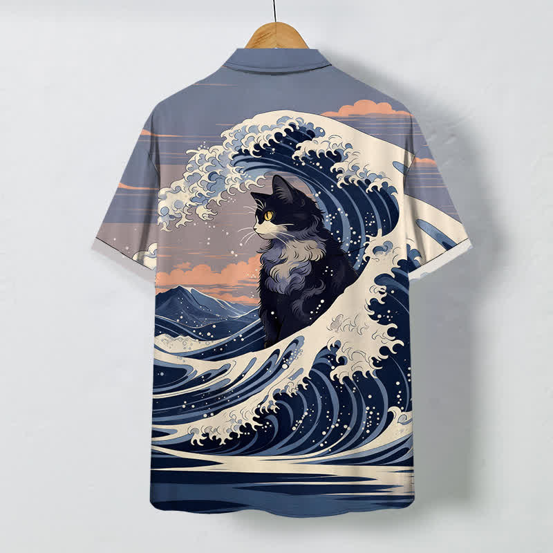 Buddha Stones Ademend herenoverhemd met Korte mouw en knoopjes in Great Wave Black Cat-patroon - image 1