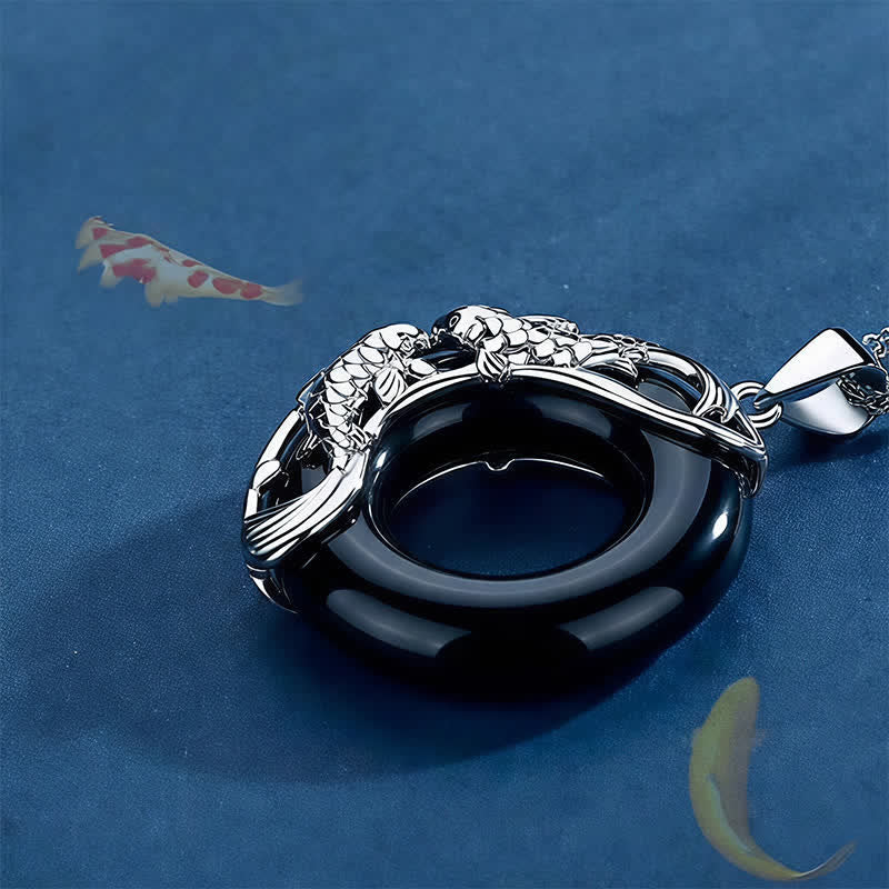 Buddha Stones Ketting met ronde vredesgesp en koi-vis van zwarte obsidiaan - image 3