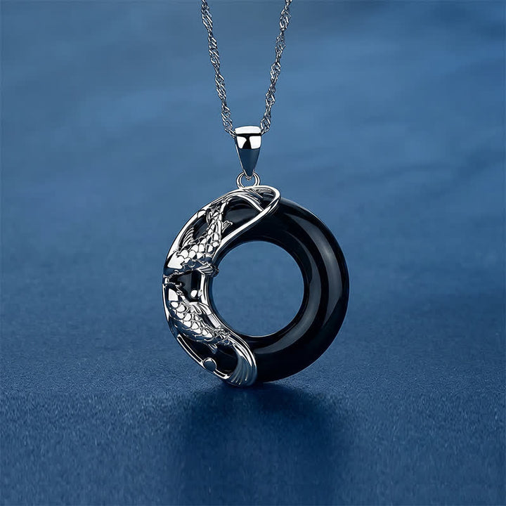 Buddha Stones Ketting met ronde vredesgesp en koi-vis van zwarte obsidiaan - image 2