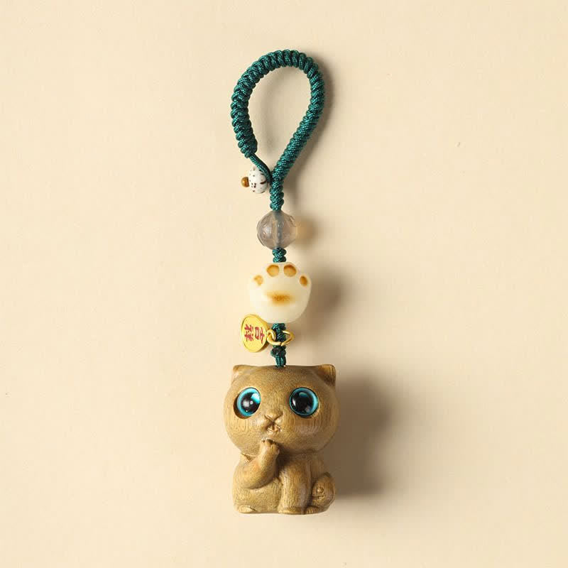 Buddha Stones Groene sandelhouten kat handgeweven rustgevende Sleutelhangers - Sleutelhanger - image 1