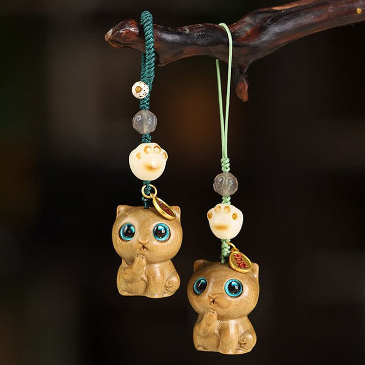 Buddha Stones Groene sandelhouten kat handgeweven rustgevende Sleutelhangers - image 0