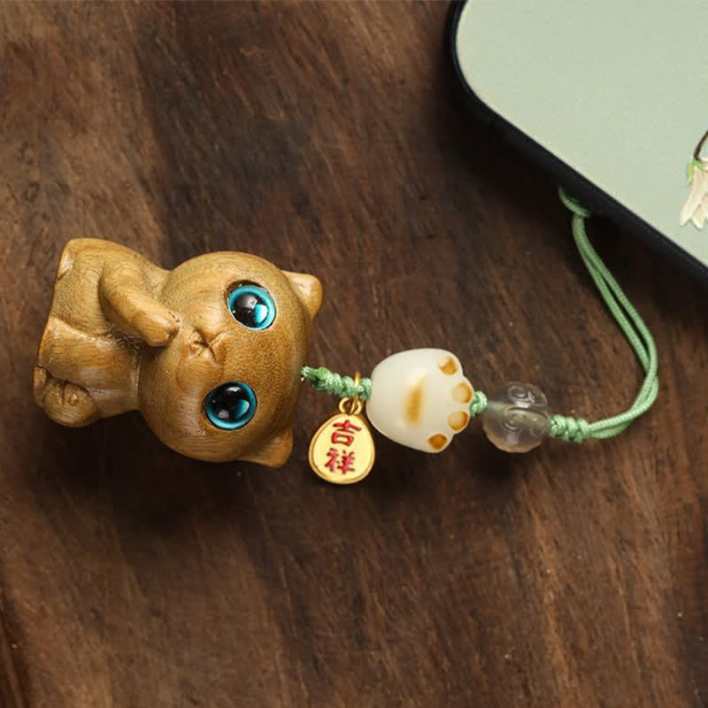 Buddha Stones Groene sandelhouten kat handgeweven rustgevende Sleutelhangers - image 12