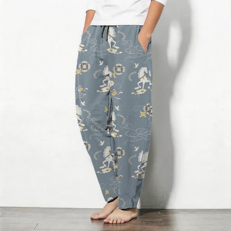 Buddha Stones 100% Cotton katoenen herenbroek met trekkoord, wolken- en bloesempatroon en Zakken. - image 1
