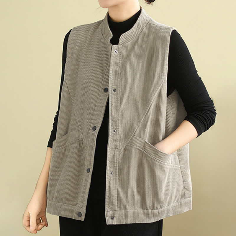 Buddha Stones Effen Mouwloos damesvest van corduroy met Zakken - image 4