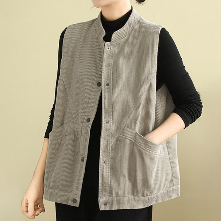 Buddha Stones Effen Mouwloos damesvest van corduroy met Zakken - image 4