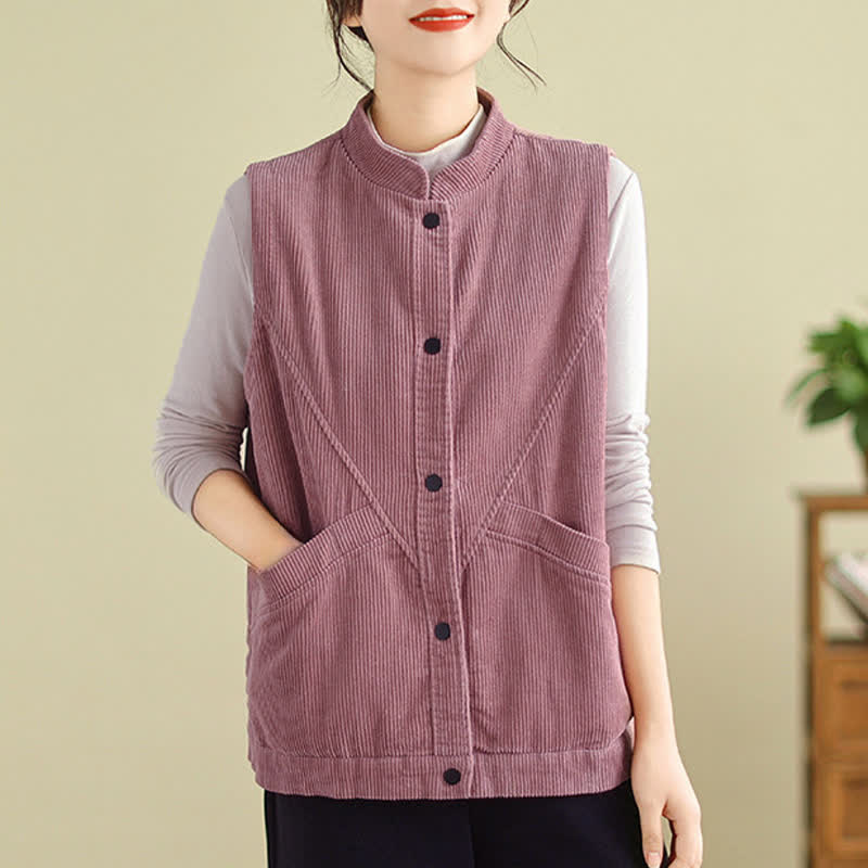 Buddha Stones Effen Mouwloos damesvest van corduroy met Zakken - image 10