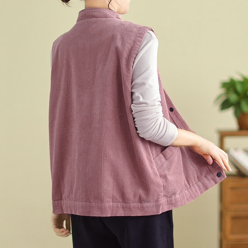Buddha Stones Effen Mouwloos damesvest van corduroy met Zakken - image 11