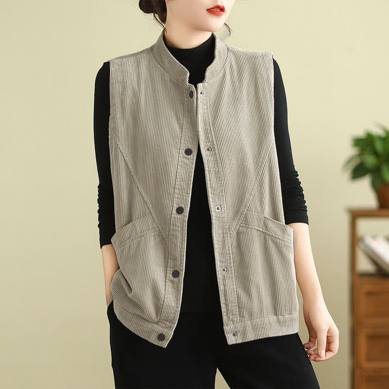 Buddha Stones Effen Mouwloos damesvest van corduroy met Zakken - Beige - US8-10，UK/AU12-14，EU40-42 (2XL) - image 0