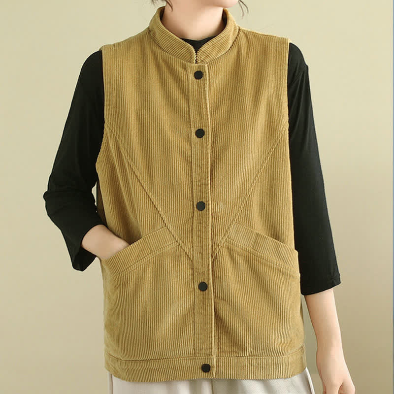 Buddha Stones Effen Mouwloos damesvest van corduroy met Zakken - image 15
