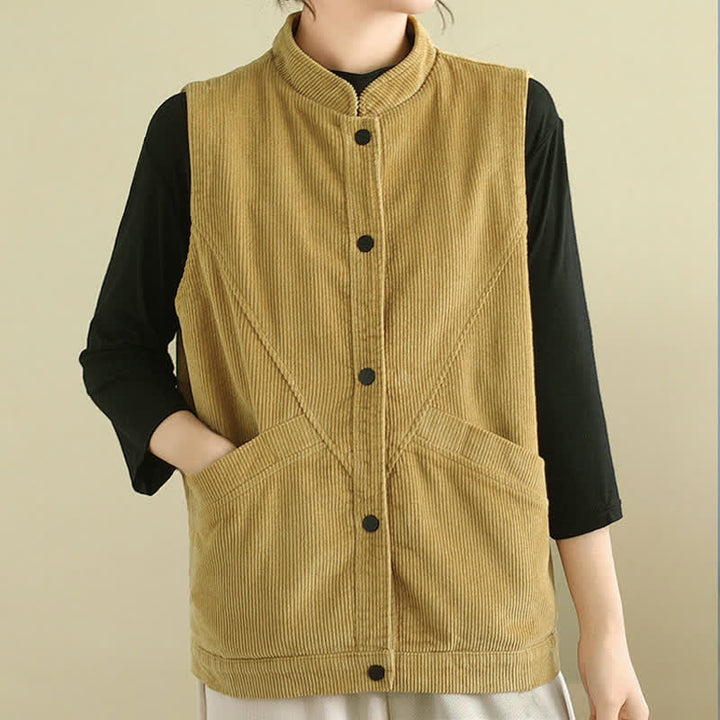 Buddha Stones Effen Mouwloos damesvest van corduroy met Zakken - image 15