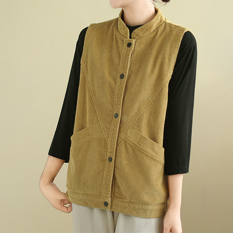 Buddha Stones Effen Mouwloos damesvest van corduroy met Zakken - image 16