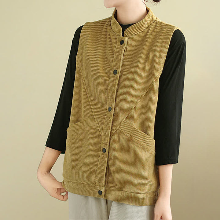 Buddha Stones Effen Mouwloos damesvest van corduroy met Zakken - image 16