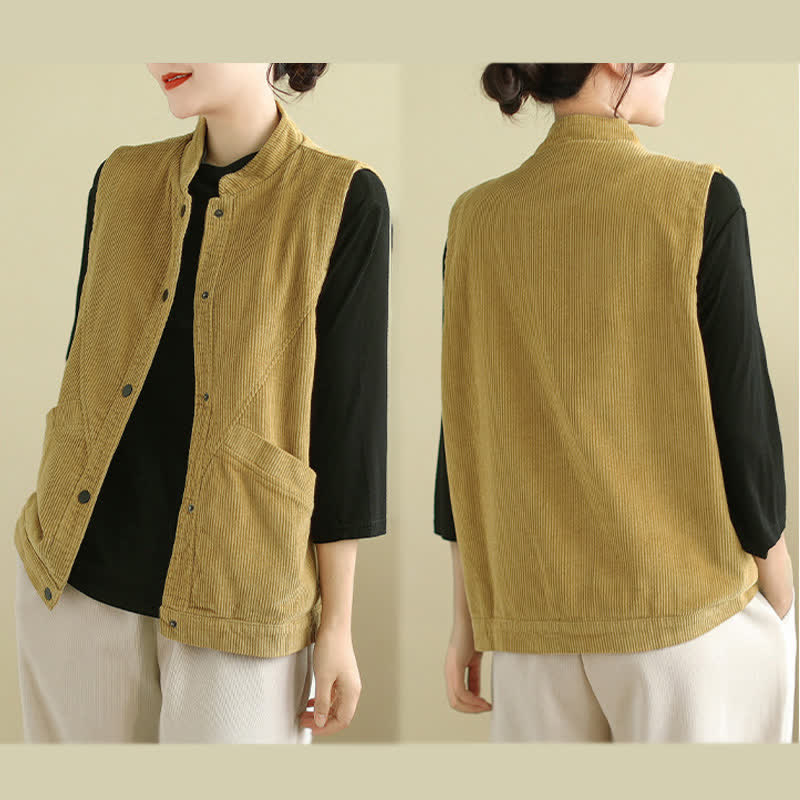 Buddha Stones Effen Mouwloos damesvest van corduroy met Zakken - image 18