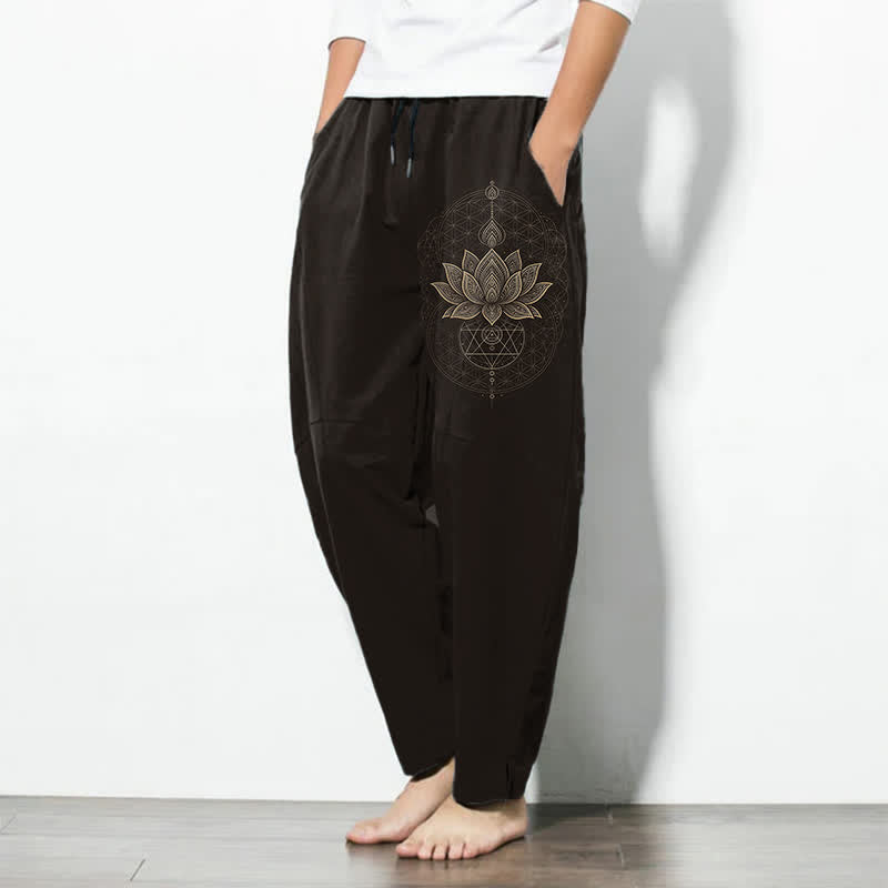 Buddha Stones Getailleerde herenbroek van 100% Cotton met lotus-mandala- en geometrisch patroon, trekkoord en Zakken. - image 1