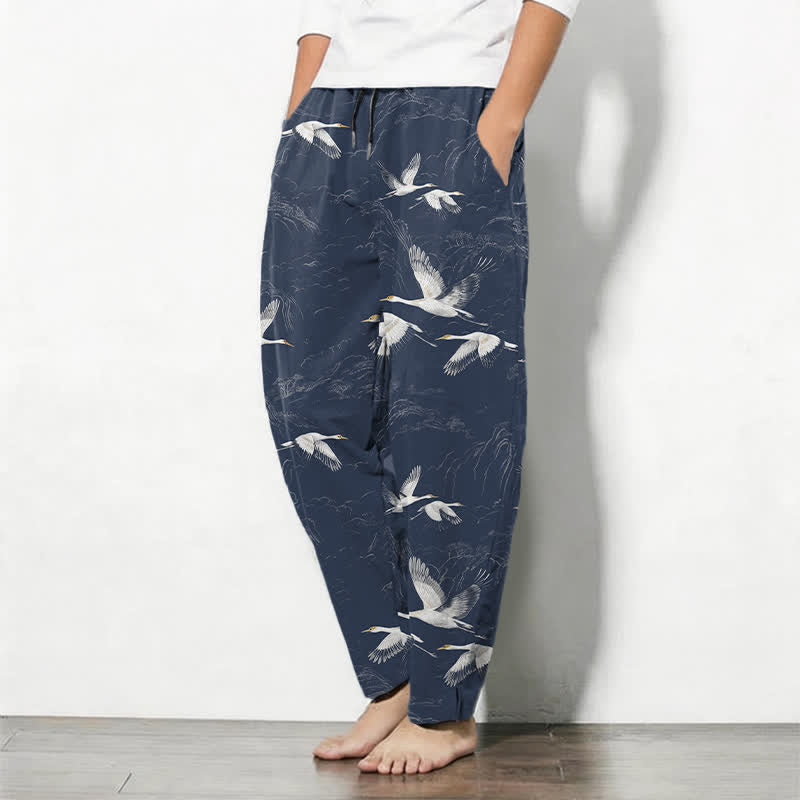 Buddha Stones 100% Cotton herenbroek met trekkoord en Zakken , met kraanvogel- en dennenpatroon. - image 1