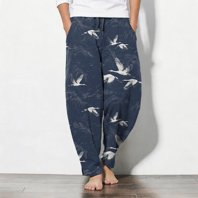 Buddha Stones 100% Cotton herenbroek met trekkoord en Zakken , met kraanvogel- en dennenpatroon. - Middernachtblauw - US/UK/AU50, EU60 (5XL) - image 0