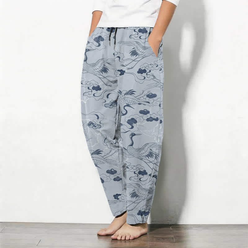Buddha Stones Herenbroek van 100% Cotton met trekkoord, kraanvogel- en wolkenpatroon en Zakken. - image 1