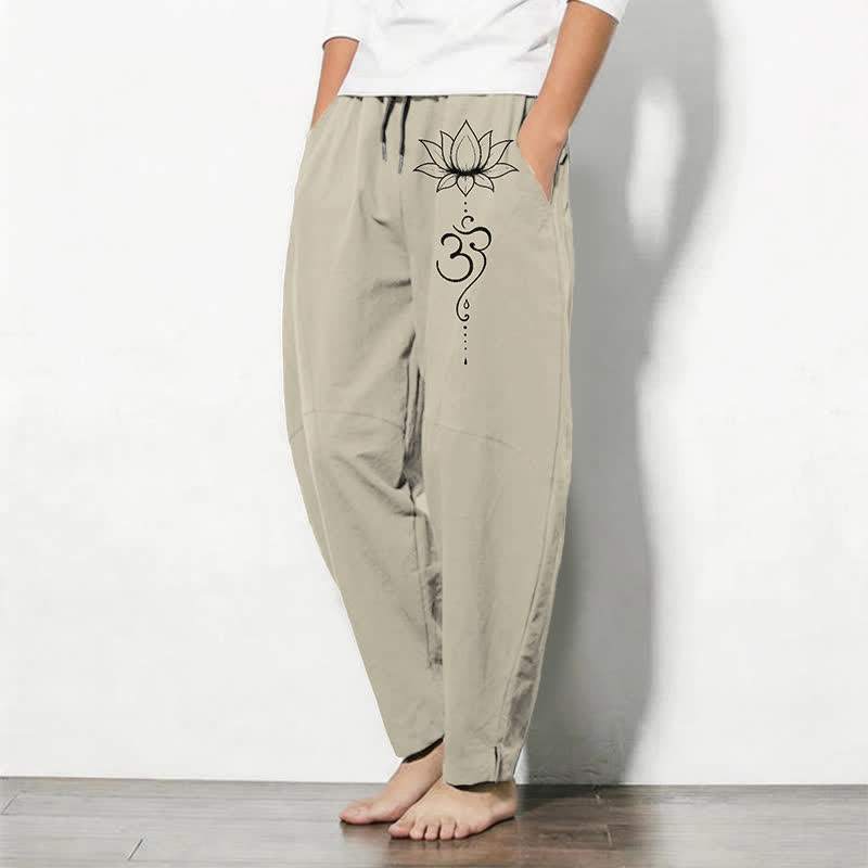 Buddha Stones Herenbroek van puur katoen met 100% Cotton -Om-patroon, trekkoord en Zakken. - image 1