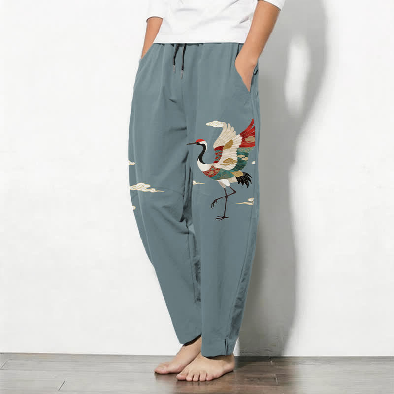 Buddha Stones Herenbroek van 100% Cotton met veelkleurig kraanvogel- en wolkenpatroon, trekkoord en taps toelopende pijpen, inclusief Zakken. - image 1