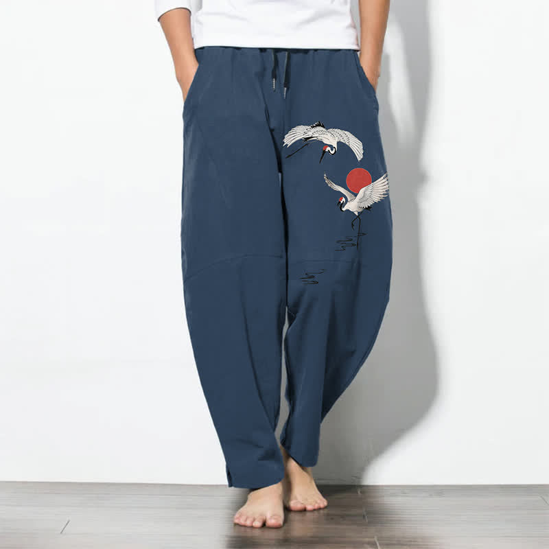 Buddha Stones Getailleerde herenbroek van 100% Cotton met trekkoord, kraanvogel- en roodzonpatroon en Zakken . - Staalblauw - US/UK/AU50, EU60 (5XL) - image 0