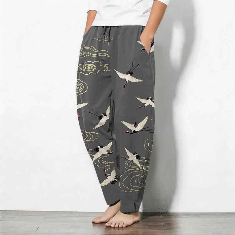 Buddha Stones Witte herenbroek van 100% Cotton met trekkoord, patroon van rode kraanvogels en wolken, en Zakken . - image 1