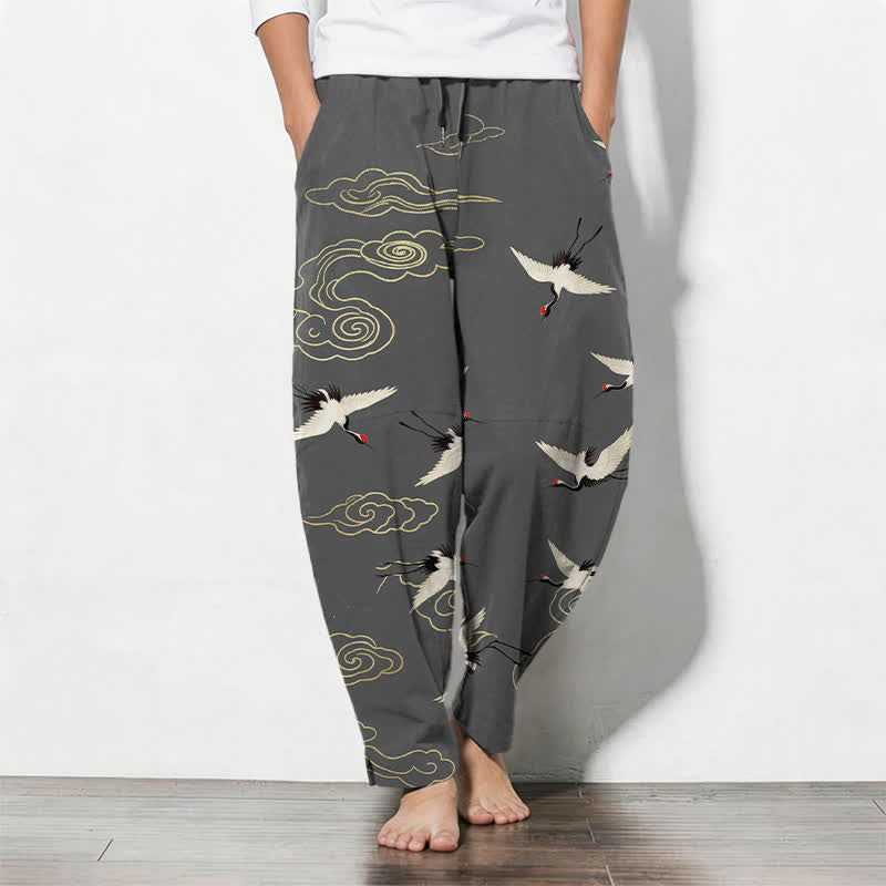 Buddha Stones Witte herenbroek van 100% Cotton met trekkoord, patroon van rode kraanvogels en wolken, en Zakken . - Donkergrijs - US/UK/AU50, EU60 (5XL) - image 0