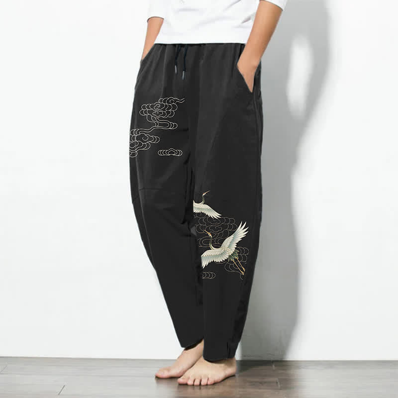Buddha Stones Witte herenbroek van 100% Cotton met trekkoord en Zakken , met kraanvogel- en wolkenprint. - image 1