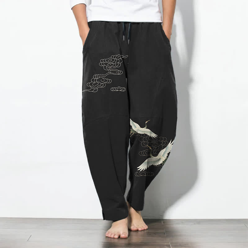 Buddha Stones Witte herenbroek van 100% Cotton met trekkoord en Zakken , met kraanvogel- en wolkenprint. - Zwart - US/UK/AU50, EU60 (5XL) - image 0
