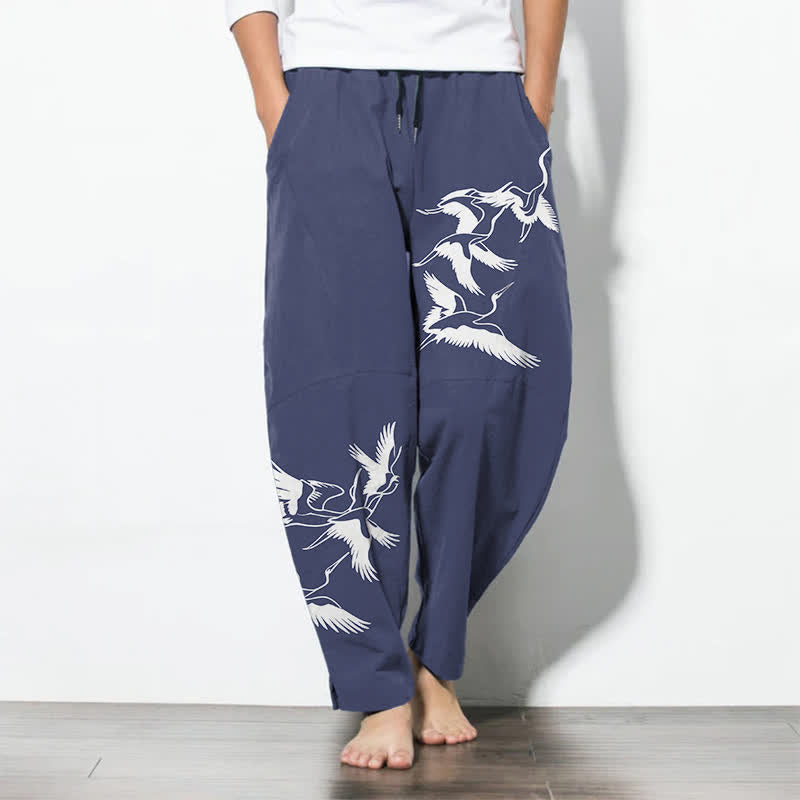 Buddha Stones Getailleerde herenbroek van 100% Cotton met Zakken en zakken, met vliegende kraanvogelprint. - Staalblauw - US/UK/AU50, EU60 (5XL) - image 0