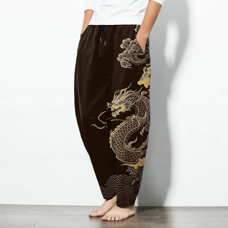 Buddha Stones Herenbroek van 100% Cotton met gouden drakenwolkenpatroon, trekkoord en Zakken. - image 1