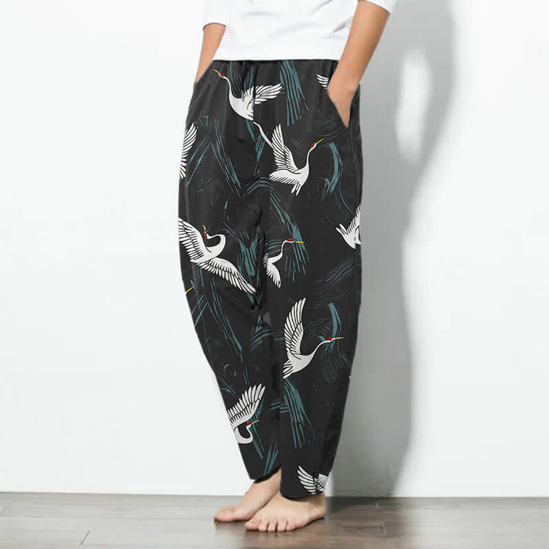 Buddha Stones Zwart-witte 100% Cotton herenbroek met trekkoord en zakken, met Zakken. - image 1