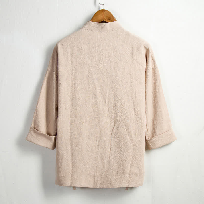 Buddha Stones Lente casual Tang-stijl herenkimono met trekkoord en zak, effen ramie - image 1