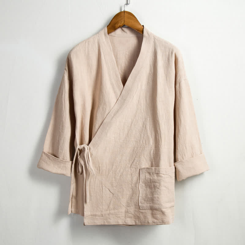 Buddha Stones Lente casual Tang-stijl herenkimono met trekkoord en zak, effen ramie - Tarwe - US/UK/AU44, EU54 (4XL) - image 0
