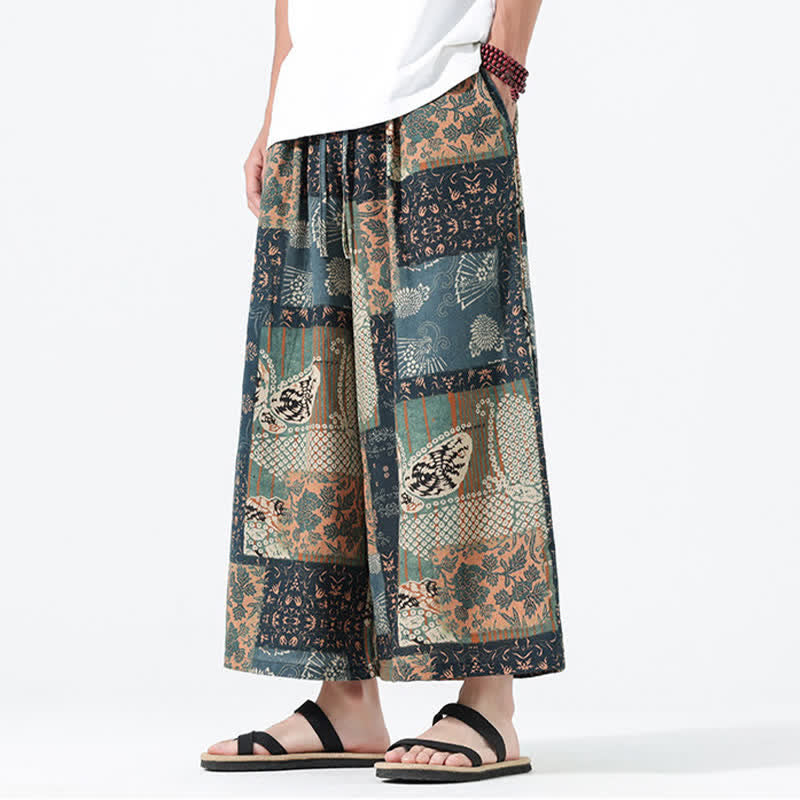 Buddha Stones Lente/Zomer Boho Casual Broek met Trekkoord, Bloemenpatchwork , Cropped Broek voor Heren, Wijde Pijpen, Met Zakken - BurlyWood - US/UK/AU46, EU56 (5XL) - image 0