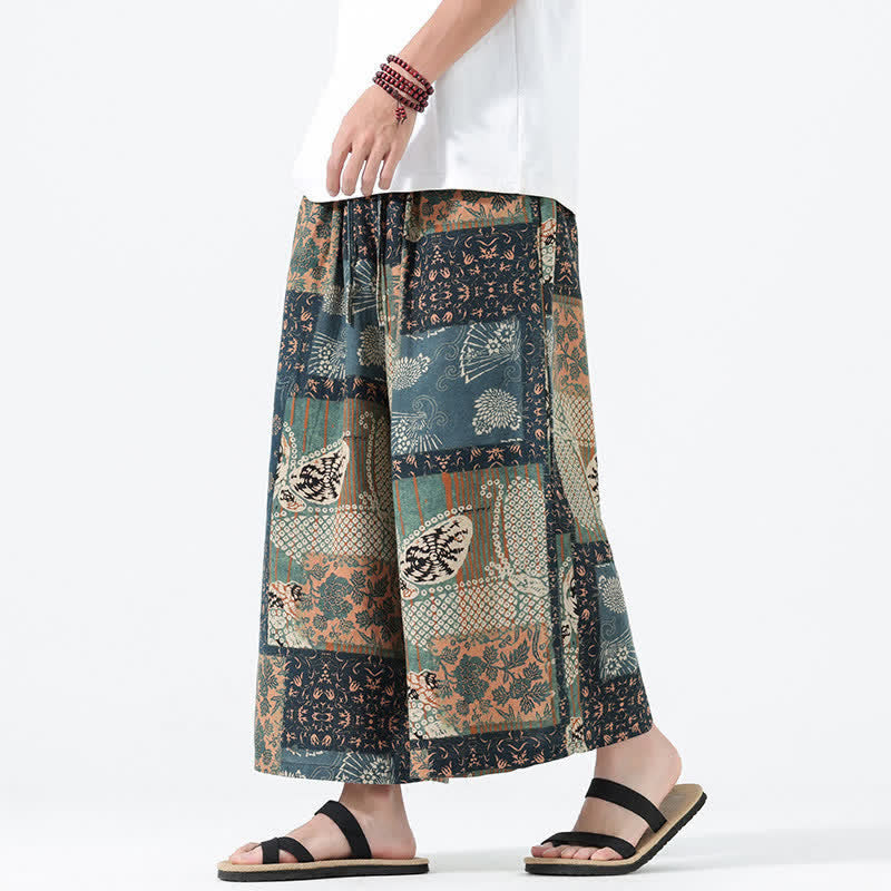 Buddha Stones Lente/Zomer Boho Casual Broek met Trekkoord, Bloemenpatchwork , Cropped Broek voor Heren, Wijde Pijpen, Met Zakken - image 1