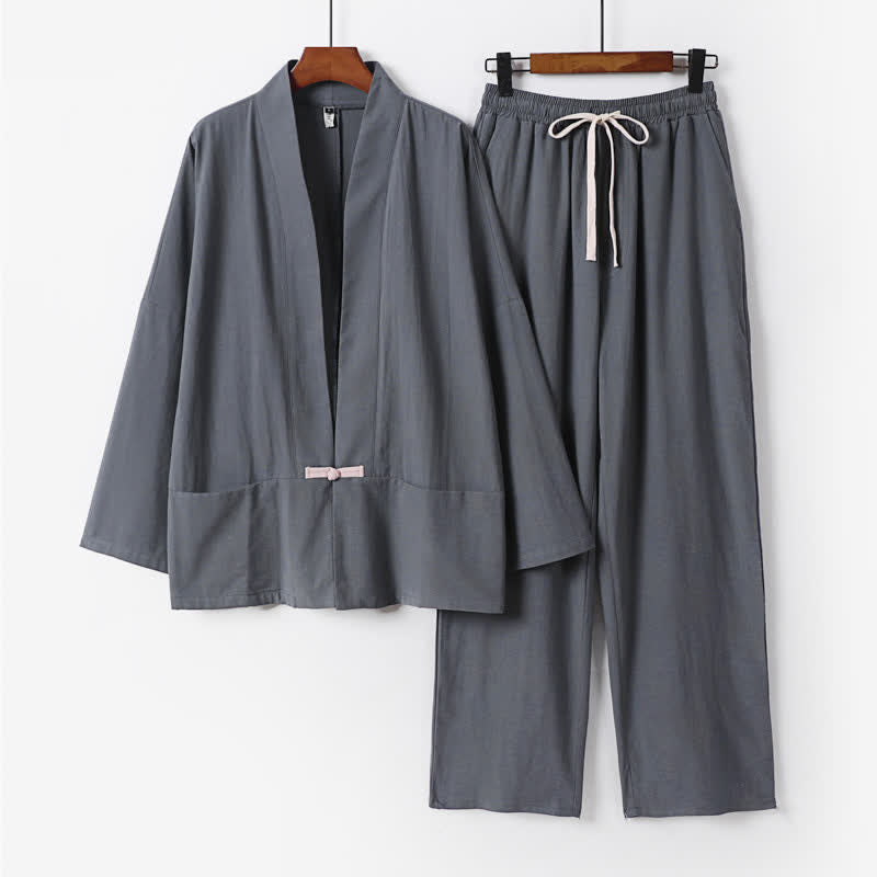 Buddha Stones 2-delige lente kimono met V-hals en trekkoord, gemaakt van effen ramie, voor heren, meditatiekleding met Zakken - Leigrijs - US/UK/AU54, EU64 (9XL) - image 0