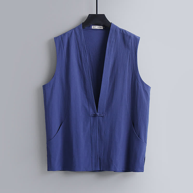 Buddha Stones 2-delige zomerse Tang-stijl meditatiekleding met kikkerknopen, effen linnen, V-hals, Mouwloos shirt en broek met Zakken , geschikt voor meditatie. - image 1