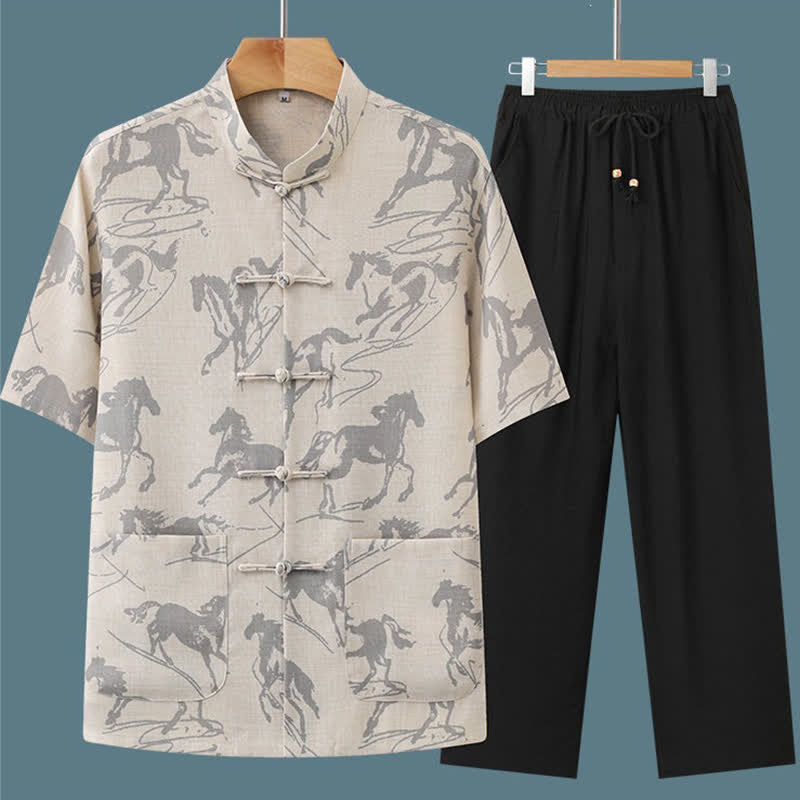 Buddha Stones 2-delige zomerse Tang-stijl casual overhemd met kikkerknopen , Mandarin kraag en paardenprint, Korte mouw en broek, geschikt voor meditatie, met Zakken. - image 1