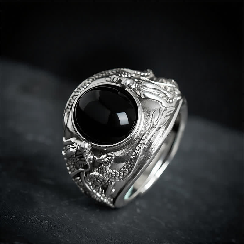 Buddha Stones Zwarte Obsidiaan Draak Zuivering Open Ring - image 1