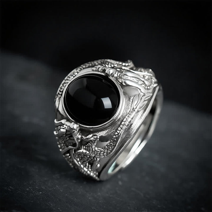 Buddha Stones Zwarte Obsidiaan Draak Zuivering Open Ring - image 1