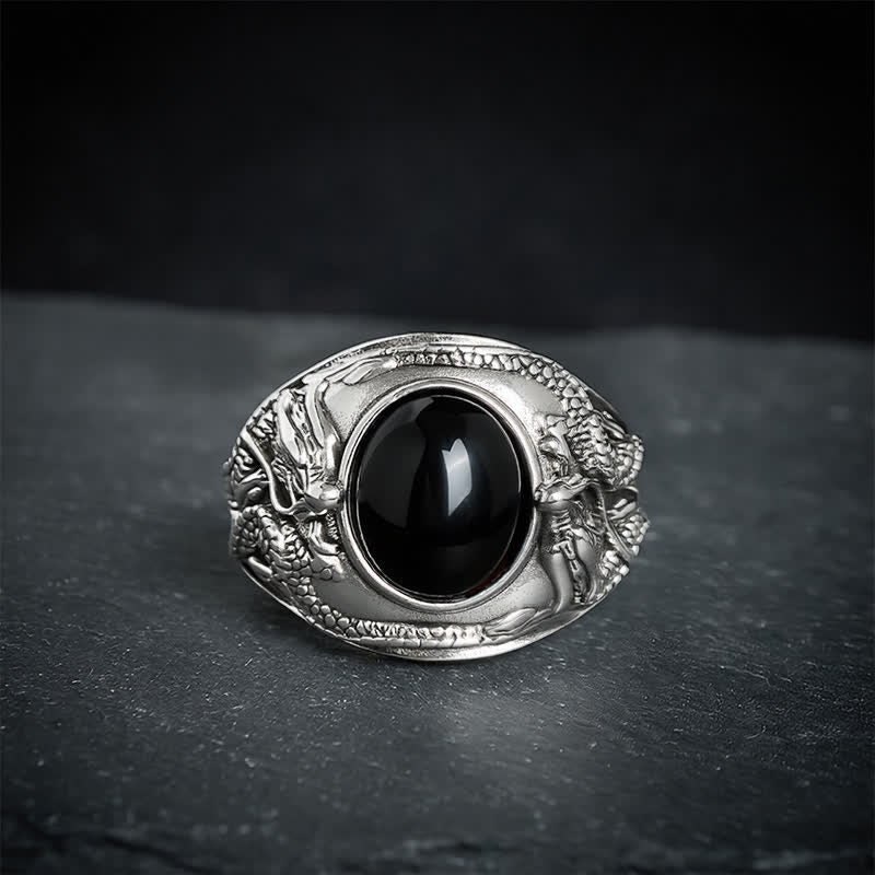 Buddha Stones Zwarte Obsidiaan Draak Zuivering Open Ring - image 2