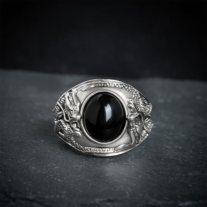 Buddha Stones Zwarte Obsidiaan Draak Zuivering Open Ring - image 2