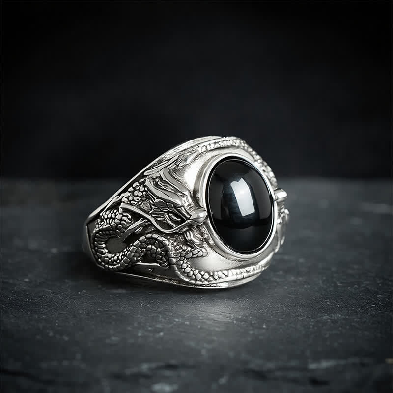 Buddha Stones Zwarte Obsidiaan Draak Zuivering Open Ring - Draak (Kracht ♥ Macht) - image 0