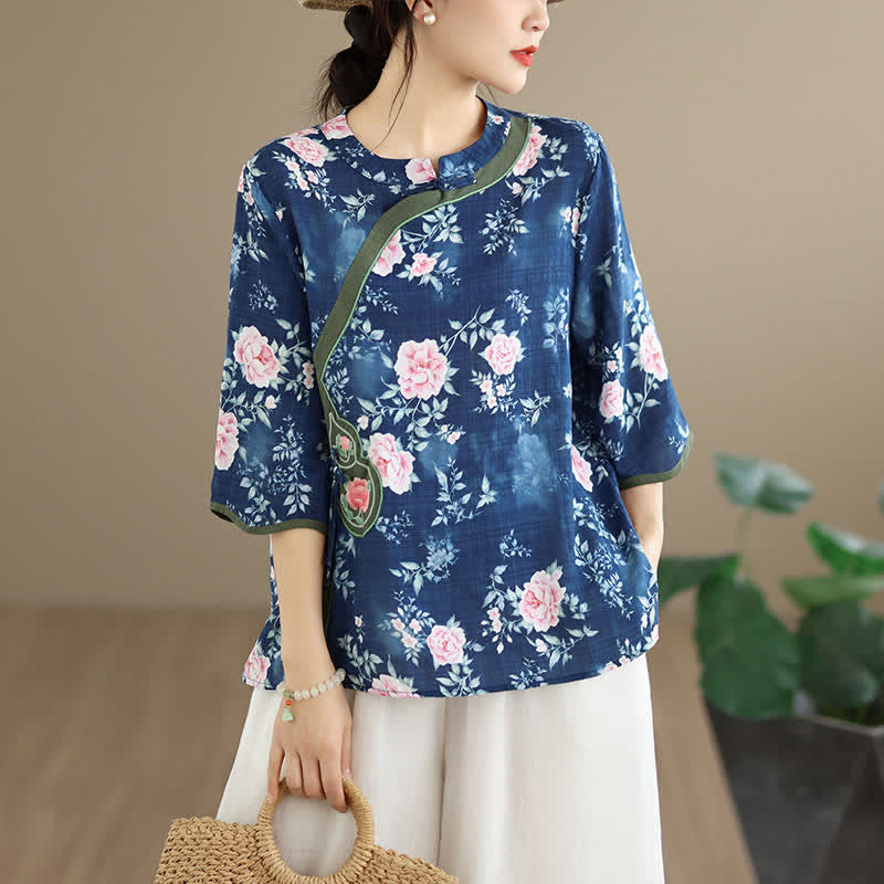 Buddha Stones Zomerse casual Tang-stijl Overhemden met kikkerknopen, roze pioenrozenprint en mouwen Mouw tot de elleboog. - Donker leisteenblauw - US8-10, UK/AU12-14, EU40-42 (2XL) - image 0